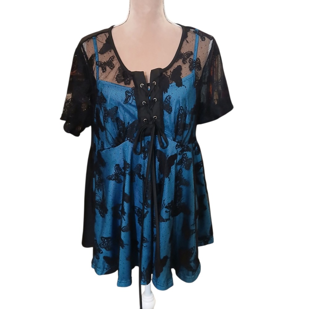 Womens Black Lace Butterfly Overlay Blouse Blue Corset Lace Up Whimsigoth 1x
